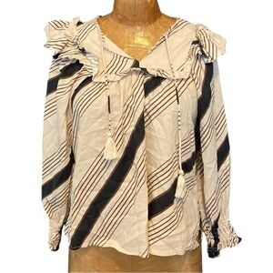 Karlie 100% Cotton Long Sleeved Ruffle Top‎ | Black & Cream Striped Blouse
